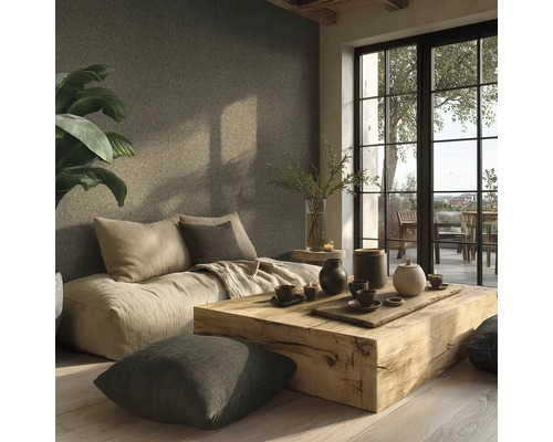 Obývací pokoj s pohovkou, dřevěným konferenčním stolkem a pokojovou rostlinou