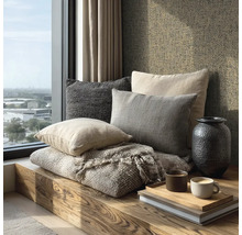 Dekorativní polštáře a deka na okenním parapetu spolu s nápojem na podnosu