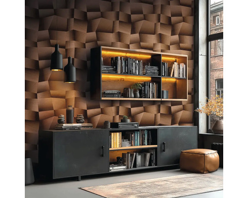 Obývací pokoj s knihovnou, komodou, trojrozměrnými stěnovými panely a závěsnými svítidly.