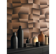 Nástěnná dekorace s trojrozměrným vzhledem dřeva a dekorativní vázy na polici