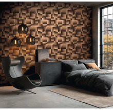 Moderní ložnice se strukturovanými nástěnnými panely, křeslem a závěsnými svítidly