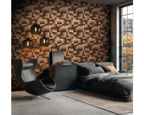 Moderní ložnice se strukturovanými nástěnnými panely, křeslem a závěsnými svítidly