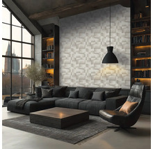 Moderní obývací pokoj s 3D tapetou, tmavou rohovou pohovkou, koženým křeslem a dřevěným konferenčním stolkem u velkých oken.