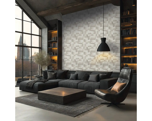 Moderní obývací pokoj s 3D tapetou, tmavou rohovou pohovkou, koženým křeslem a dřevěným konferenčním stolkem u velkých oken.