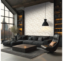 Světlý, prostorný obývací pokoj v industriálním stylu s texturovanou 3D stěnou, tmavou rohovou pohovkou, dřevěným stolkem a velkým oknem.