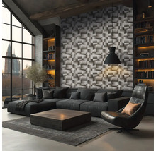 Obývací pokoj s rohovou pohovkou, křeslem, konferenčním stolkem, knihovnami a 3D stěnovými panely