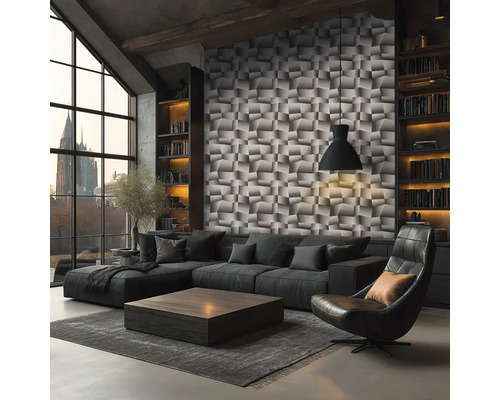 Obývací pokoj s rohovou pohovkou, křeslem, konferenčním stolkem, knihovnami a 3D stěnovými panely