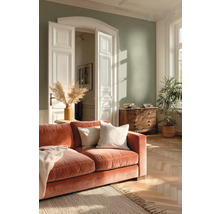 Světlý obývací pokoj se šalvějově zelenou stěnou, terakotovou sametovou pohovkou, dřevěnou komodou, parketami a velkou pokojovou rostlinou.