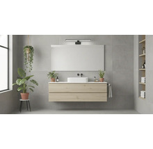 Moderní koupelna s umyvadlovou skříňkou, zrcadlem, rostlinami a policemi