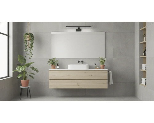 Moderní koupelna s umyvadlovou skříňkou, zrcadlem, rostlinami a policemi