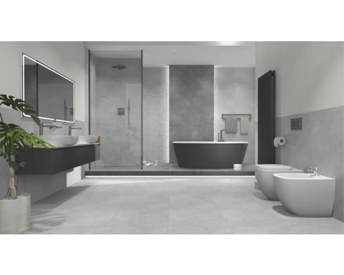 Koupelna se sprchou, vanou, umyvadlem, zrcadlem, toaletou a bidetem