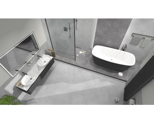 Světlá koupelna s dvojitým umyvadlem, vanou a sprchou