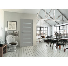 Moderní šedé interiérové dveře s horizontálními skleněnými výplněmi ve světlém pokoji s dřevěnou podlahou a přiznanými trámy.