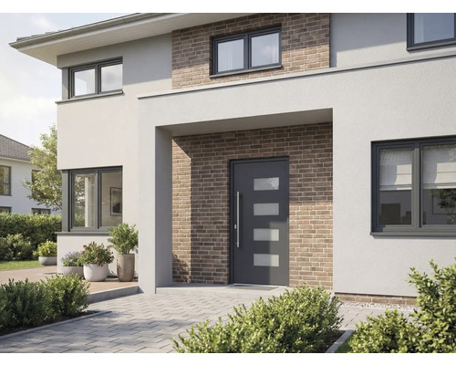 Moderní dům s vchodovými dveřmi, okny a zdivem z cihel