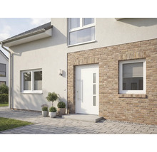 Pohled na dům s bílými vchodovými dveřmi, okny a fasádou s cihlovými prvky