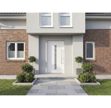 Fasáda domu s vchodovými dveřmi, okny a dlážděným vchodem