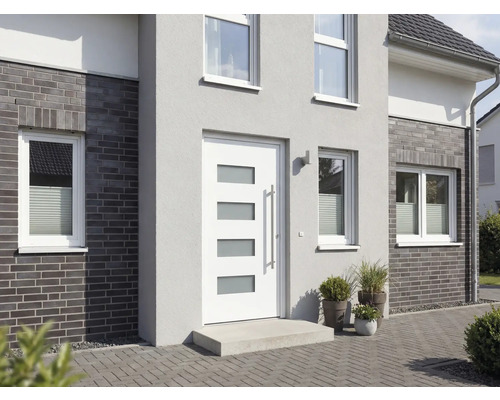 Fasáda domu s vchodovými dveřmi a okny