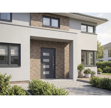 Moderní dům s vchodovými dveřmi, okny a cihlovou fasádou