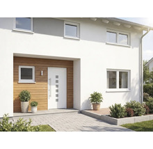 Moderní dům s vchodovými dveřmi, okny a venkovním prostorem