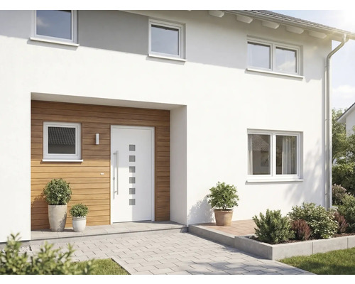 Moderní dům s vchodovými dveřmi, okny a venkovním prostorem