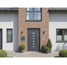 Fasáda domu s vchodovými dveřmi, okny, poštovní schránkou a venkovním osvětlením