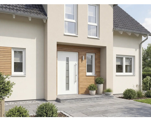 Exteriér domu se vstupními dveřmi a okny
