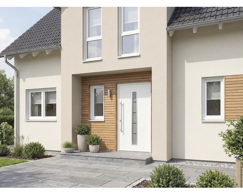 Fasáda domu s vchodovými dveřmi a okny