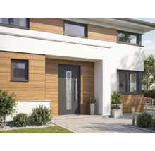 Exteriér moderního domu s vchodovými dveřmi, okny a dřevěným obkladem