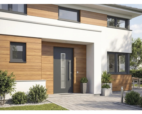 Exteriér moderního domu s vchodovými dveřmi, okny a dřevěným obkladem