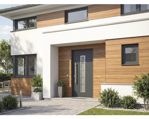 Moderní dům s vchodovými dveřmi, okny a dřevěnou fasádou