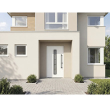 Moderní dům se vstupními dveřmi a dlážděnou cestou