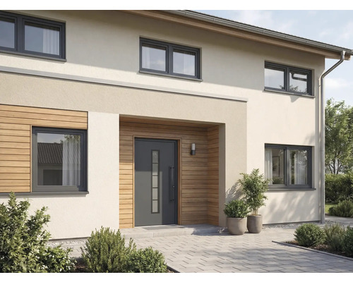 Fasáda domu s vchodovými dveřmi, okny a venkovním prostorem