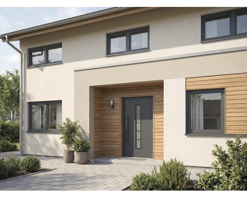 Fasáda domu s vchodovými dveřmi a okny