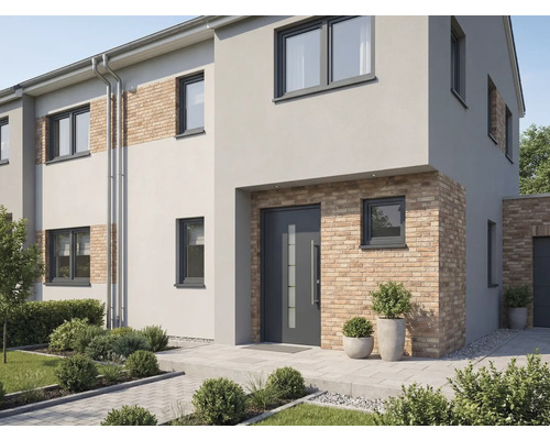 Moderní dům s šedými vstupními dveřmi, okny a fasádou s cihlovými prvky