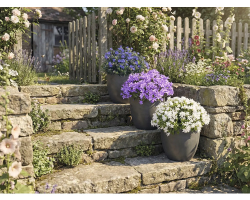 Zahradní úprava s kamenným schodištěm a kvetoucími rostlinami v květináčích