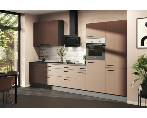 Moderní kuchyně s vestavěnou troubou, digestoří, dřezem a pracovní deskou