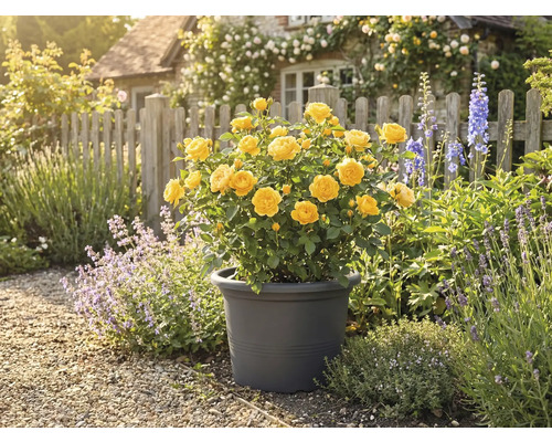 Žlutá růže v květináči na zahradě