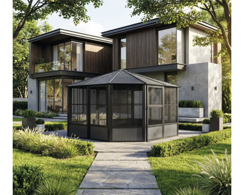 Zahradní pavilon před moderním domem se zahradou