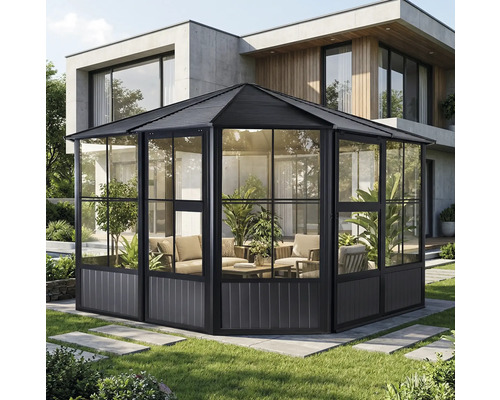 Zahradní stan s prosklenými stěnami a posezením v zahradě