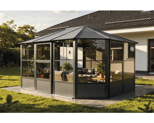 Volně stojící pavilon se skleněnými stěnami a zahradním nábytkem na trávníku.