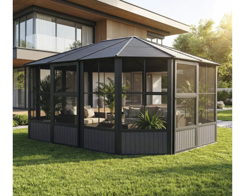 Zahradní altán s prosklenými posuvnými stěnami a nábytkem na trávníku