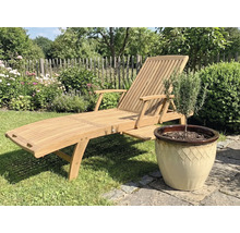 Dřevěné zahradní lehátko vedle květináče s rostlinou na zahradě