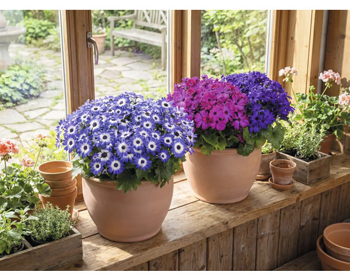 Místnost s kvetoucími cineráriemi v terakotových květináčích