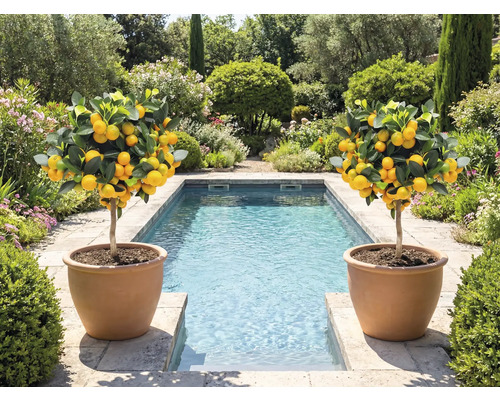 Dva citroníky v terakotových květináčích vedle bazénu v zahradě.