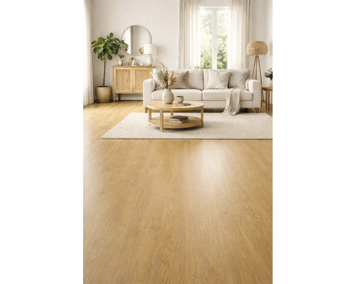 Obývací pokoj se světle hnědou dřevěnou podlahou, pohovkou, konferenčním stolkem a kobercem