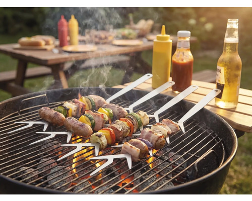 Grilovací scéna s grilovanými špízy na grilu na dřevěné uhlí, omáčkami a nápoji venku