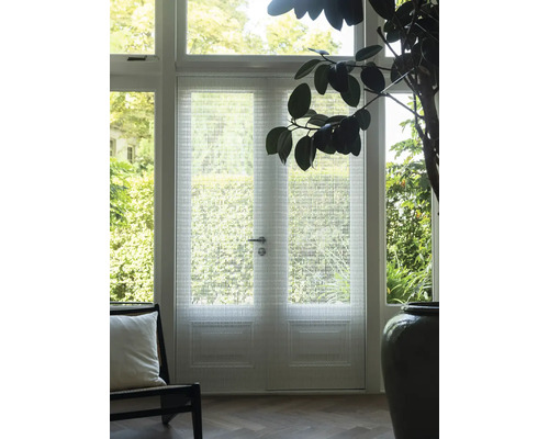 Interiér s dveřmi se skleněnou strukturou, křeslem a pokojovou rostlinou