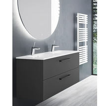 Moderní koupelnová sestava s antracitovou skříňkou pod dvojumyvadlo, dvěma zásuvkami, bílým umyvadlem a velkým kulatým LED zrcadlem.