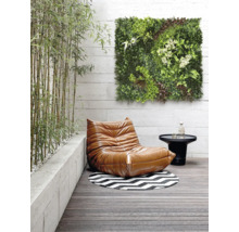 Scéna s křeslem, stolem, kulatým kobercem a zeleným nástěnným panelem na terase