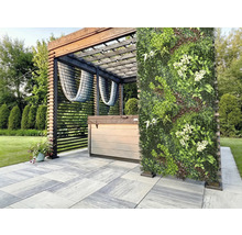 Scéna s vířivkou pod pergolou a svislou zahradní stěnou